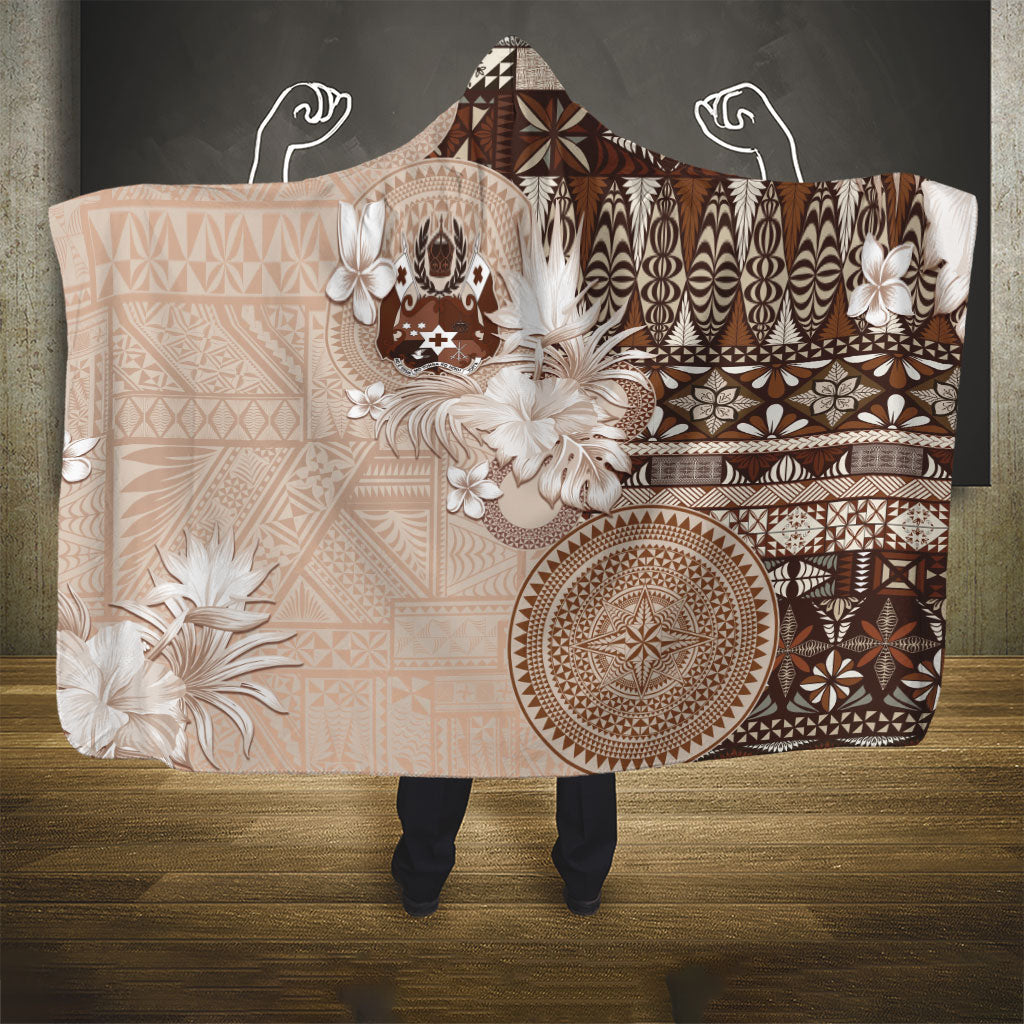 Tonga Ngatu Motifs Hooded Blanket With Coat Of Arms Beige