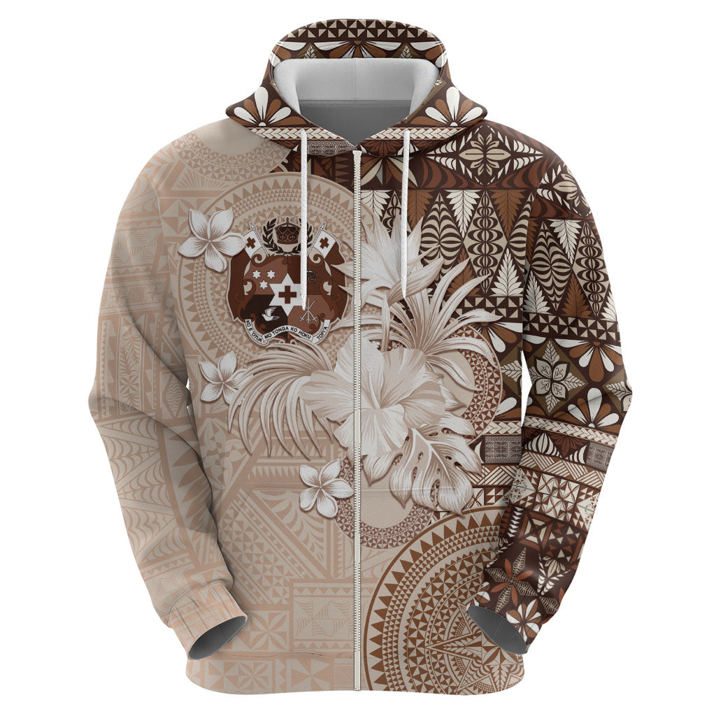 Tonga Ngatu Motifs Hoodie With Coat Of Arms Beige