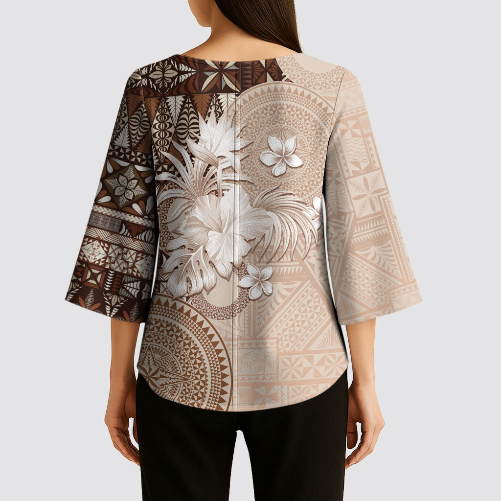 Tonga Ngatu Motifs Kimono Sleeve Blouse With Coat Of Arms Beige