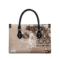 Tonga Ngatu Motifs Leather Bag With Coat Of Arms Beige