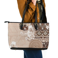 Tonga Ngatu Motifs Leather Tote Bag With Coat Of Arms Beige