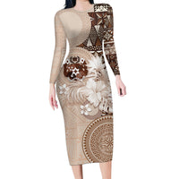 Tonga Ngatu Motifs Long Sleeve Bodycon Dress With Coat Of Arms Beige