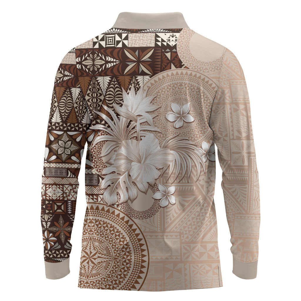 Tonga Ngatu Motifs Long Sleeve Polo Shirt With Coat Of Arms Beige