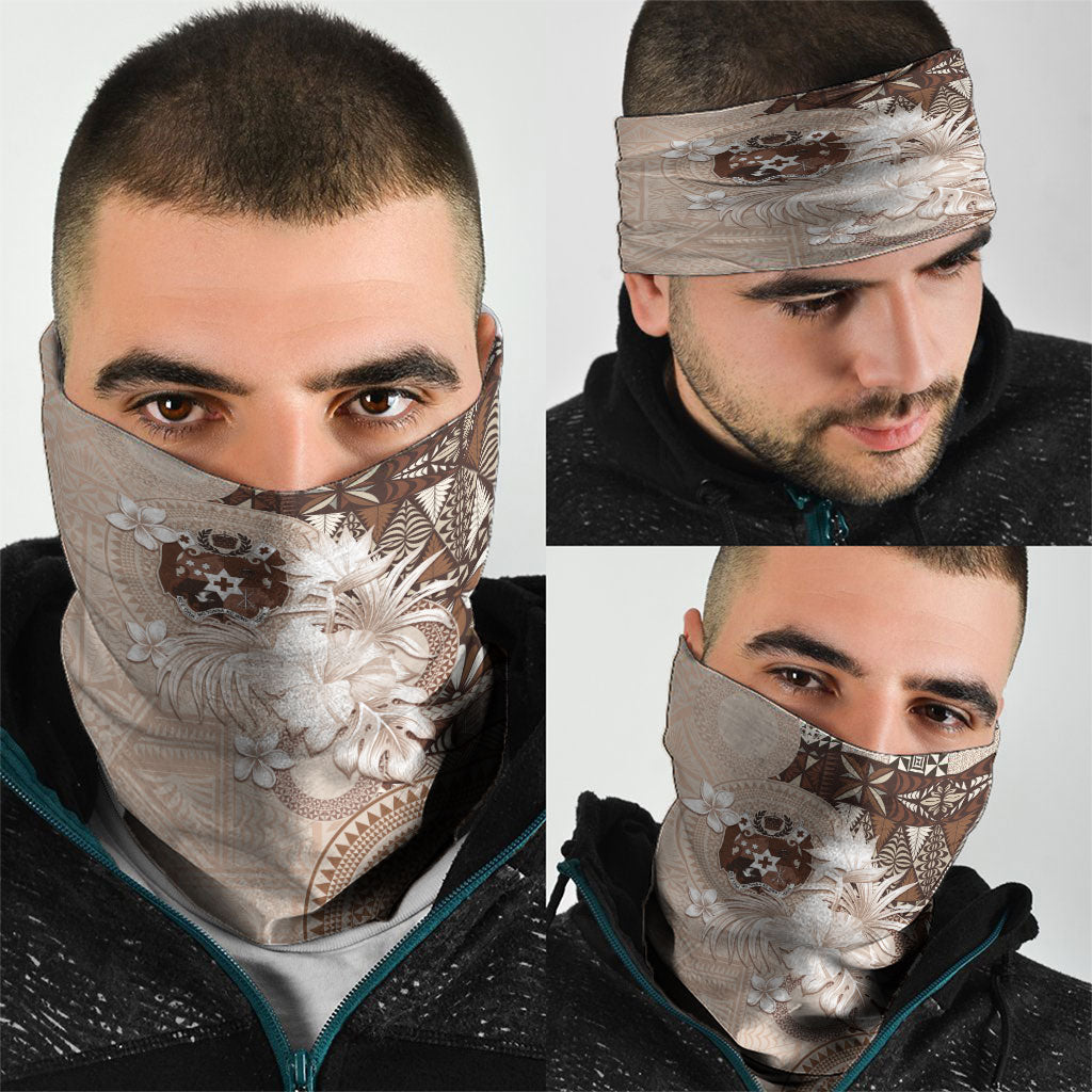 Tonga Ngatu Motifs Neck Gaiter With Coat Of Arms Beige