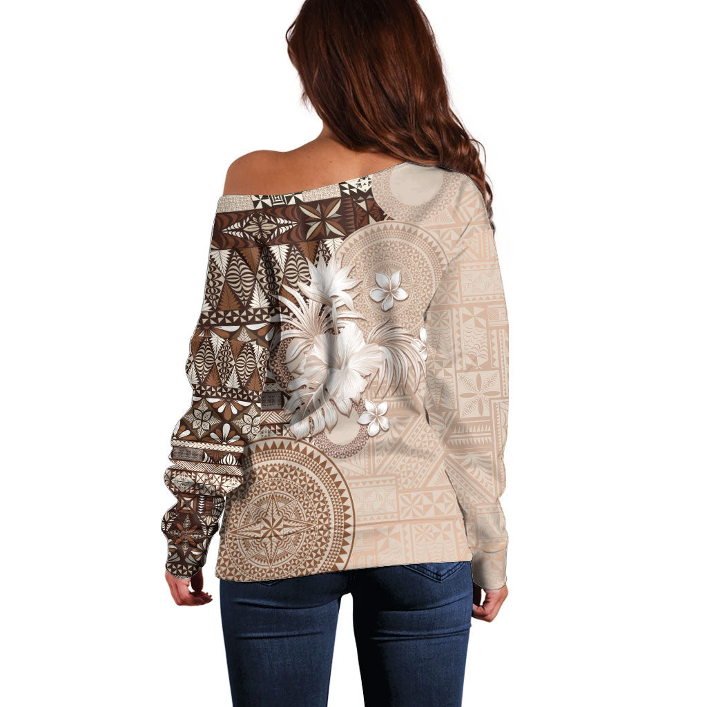 Tonga Ngatu Motifs Off Shoulder Sweater With Coat Of Arms Beige