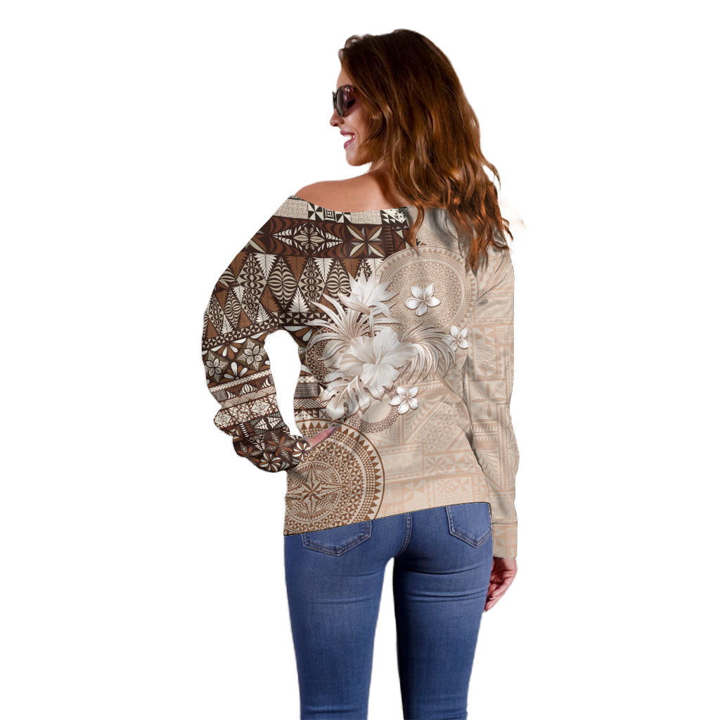 Tonga Ngatu Motifs Off Shoulder Sweater With Coat Of Arms Beige