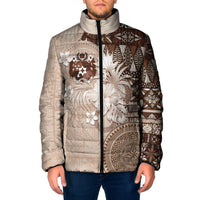 Tonga Ngatu Motifs Padded Jacket With Coat Of Arms Beige