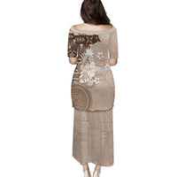 Tonga Ngatu Motifs Puletasi With Coat Of Arms Beige