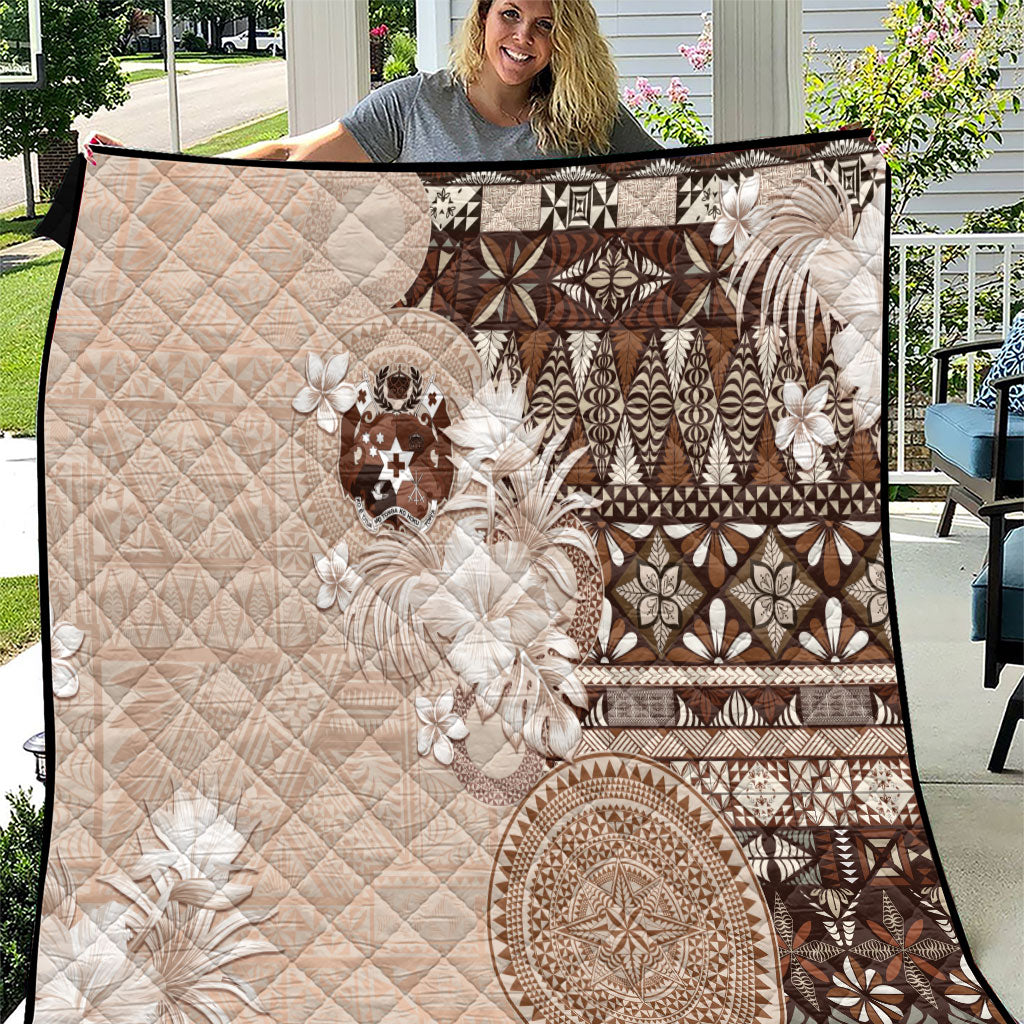 Tonga Ngatu Motifs Quilt With Coat Of Arms Beige