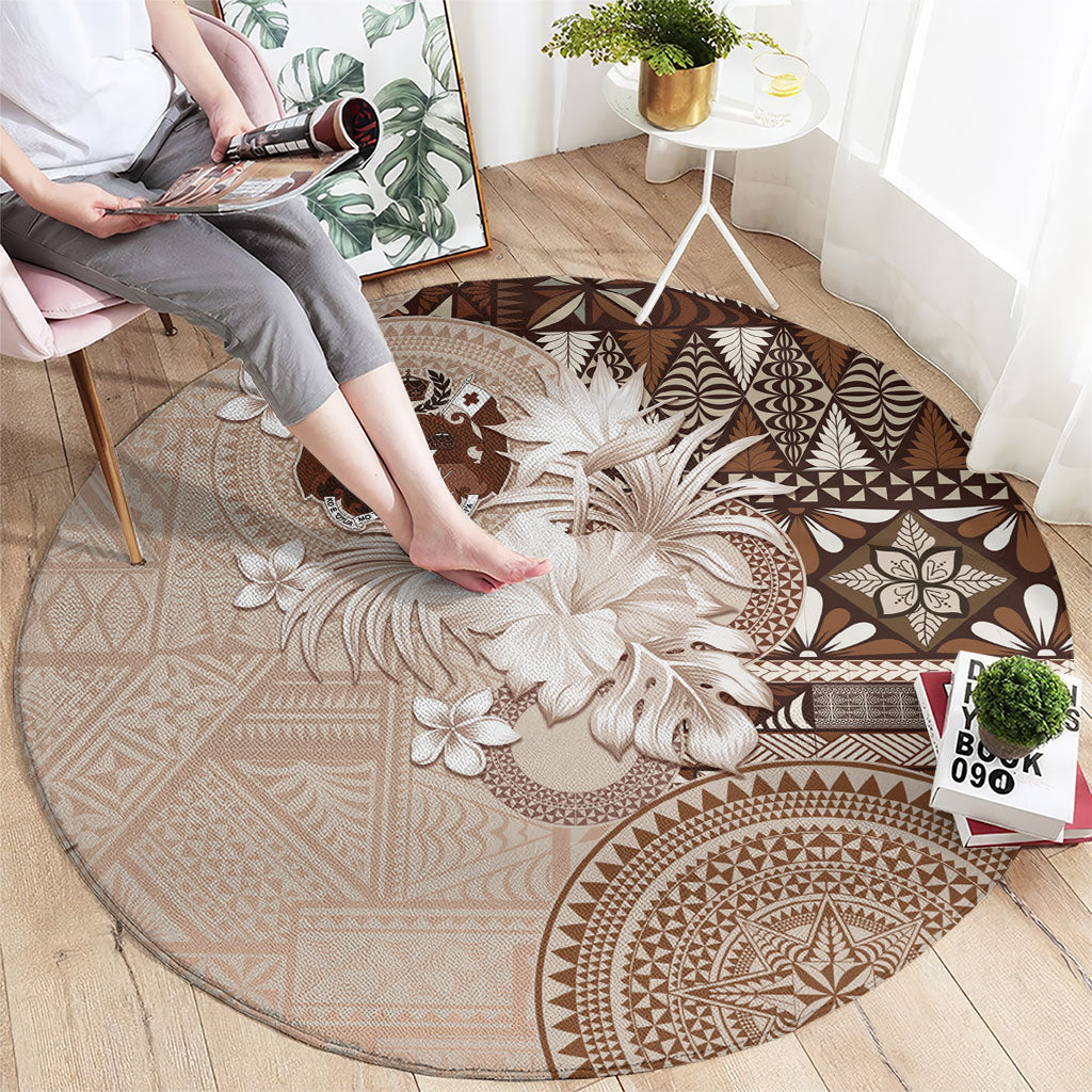 Tonga Ngatu Motifs Round Carpet With Coat Of Arms Beige