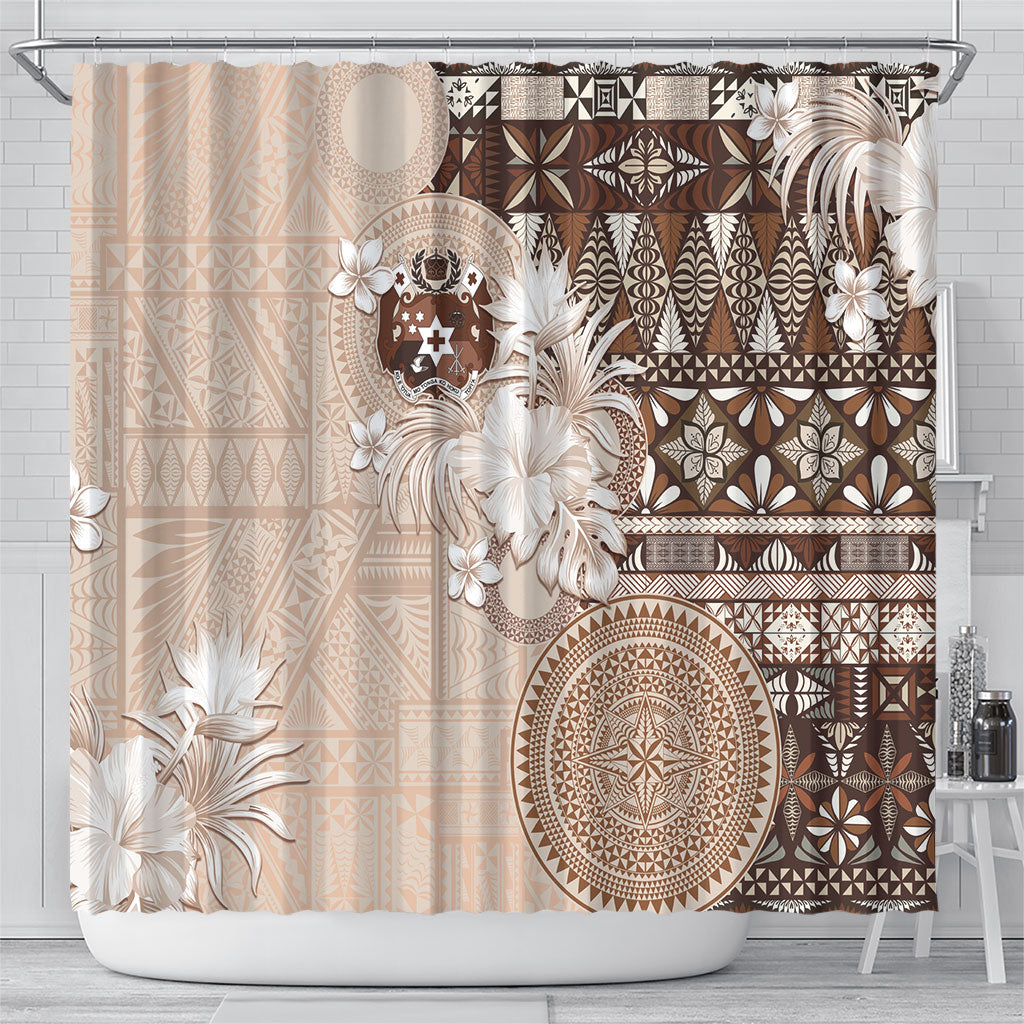 Tonga Ngatu Motifs Shower Curtain With Coat Of Arms Beige