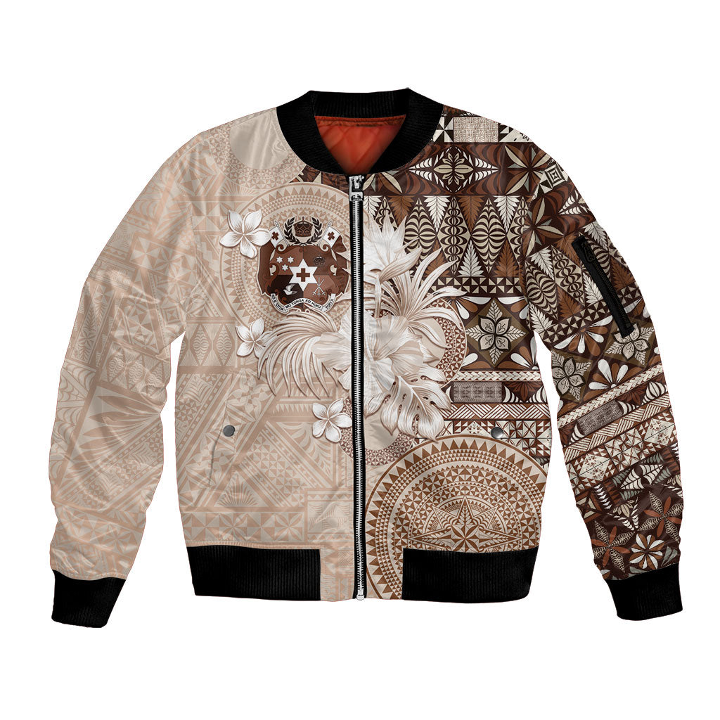 Tonga Ngatu Motifs Sleeve Zip Bomber Jacket With Coat Of Arms Beige