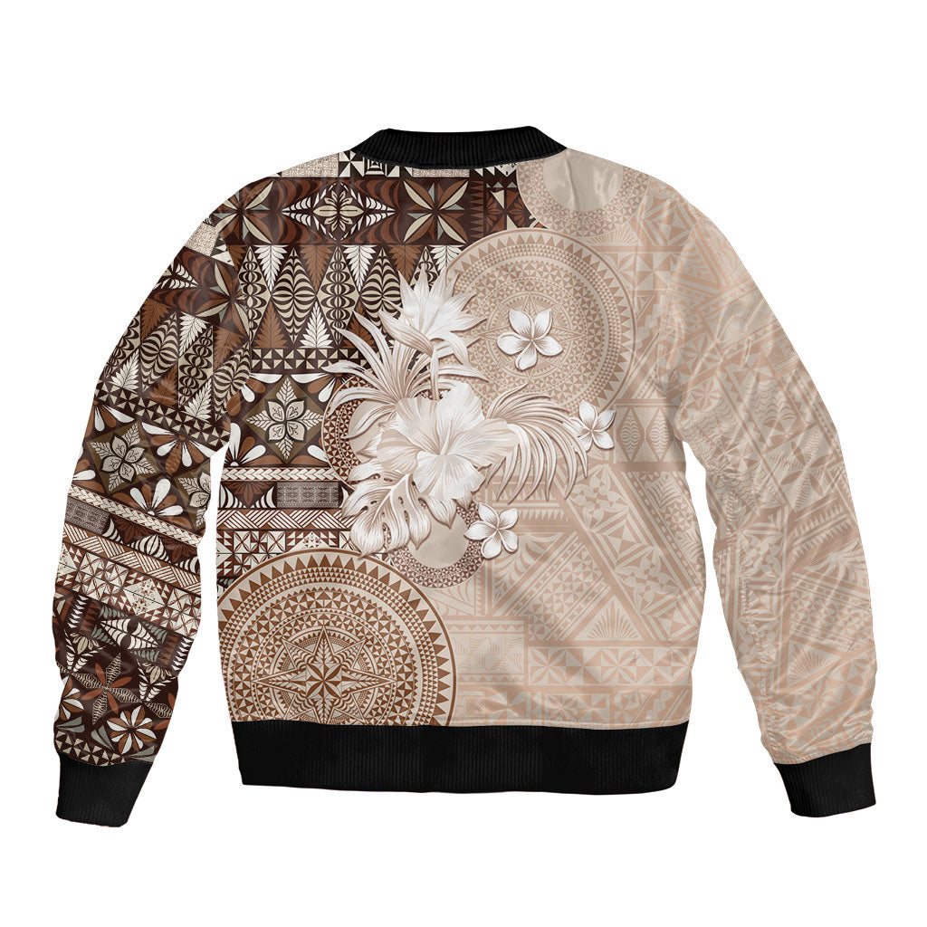 Tonga Ngatu Motifs Sleeve Zip Bomber Jacket With Coat Of Arms Beige