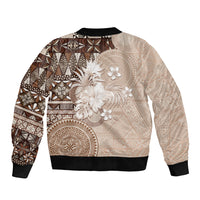 Tonga Ngatu Motifs Sleeve Zip Bomber Jacket With Coat Of Arms Beige