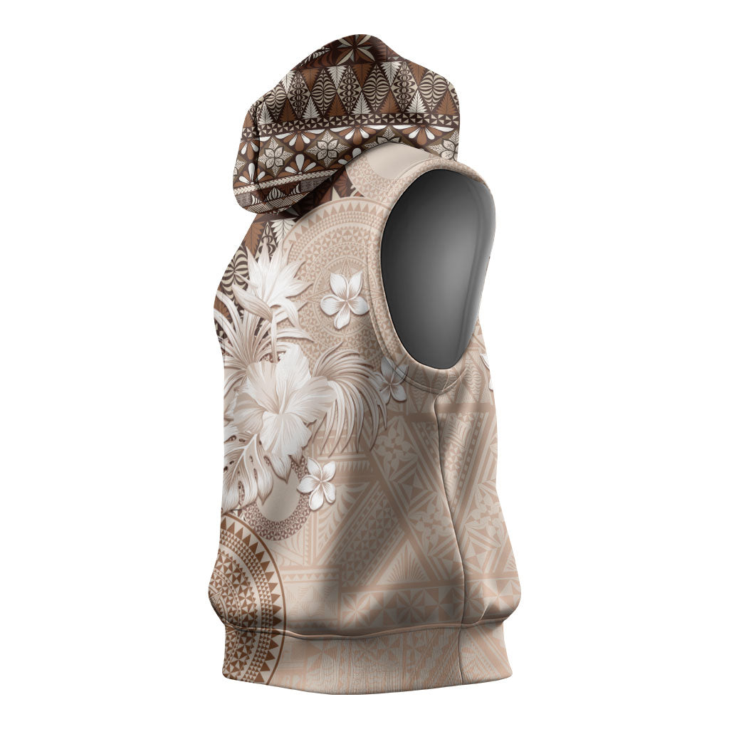 Tonga Ngatu Motifs Sleeveless Hoodie With Coat Of Arms Beige