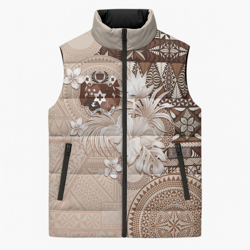 Tonga Ngatu Motifs Sleeveless Puffer Jacket With Coat Of Arms Beige