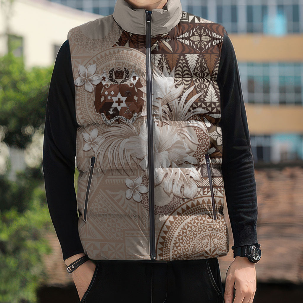 Tonga Ngatu Motifs Sleeveless Puffer Jacket With Coat Of Arms Beige