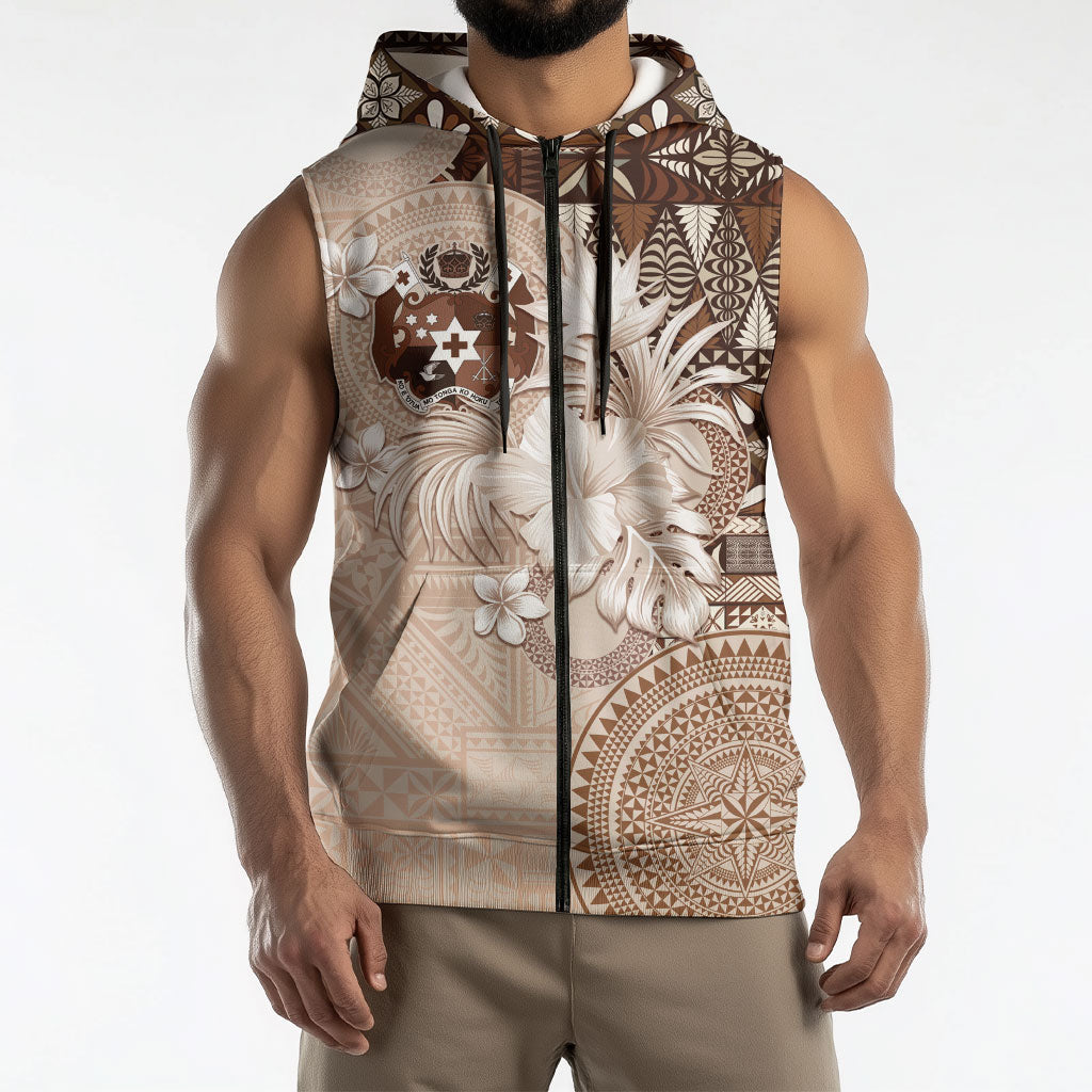 Tonga Ngatu Motifs Sleeveless Zip Hoodie With Coat Of Arms Beige