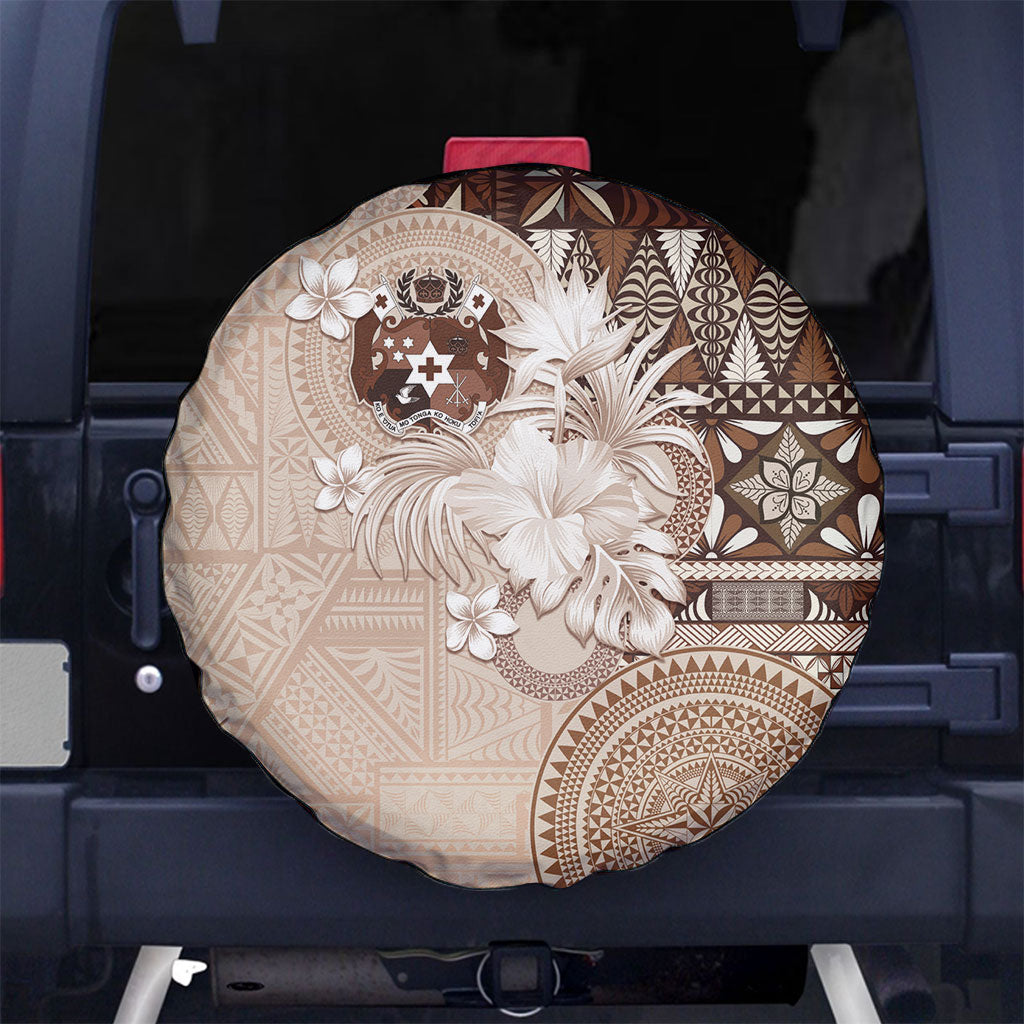 Tonga Ngatu Motifs Spare Tire Cover With Coat Of Arms Beige