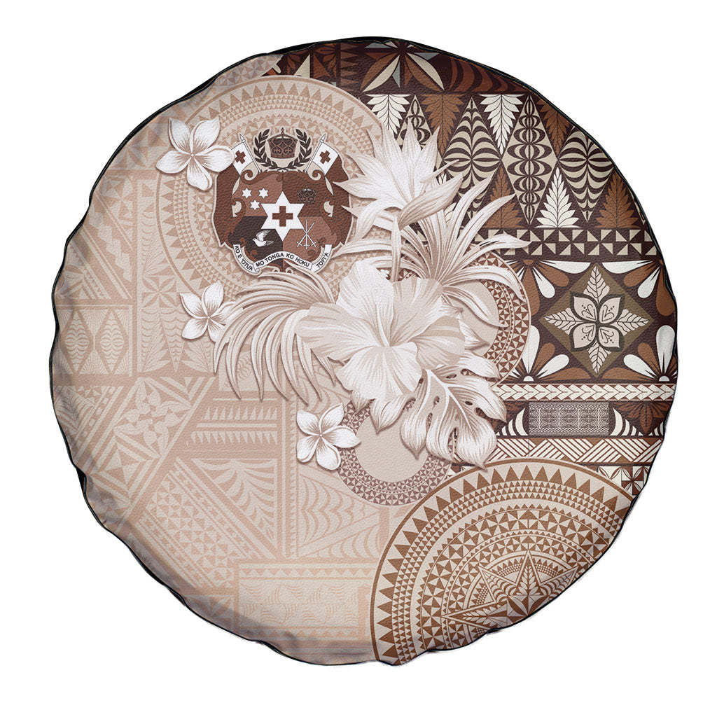 Tonga Ngatu Motifs Spare Tire Cover With Coat Of Arms Beige