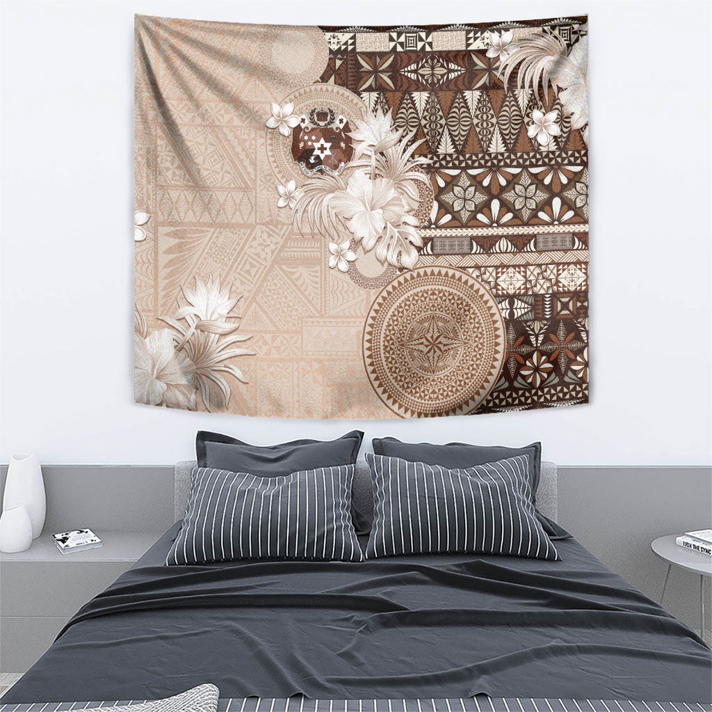 Tonga Ngatu Motifs Tapestry With Coat Of Arms Beige