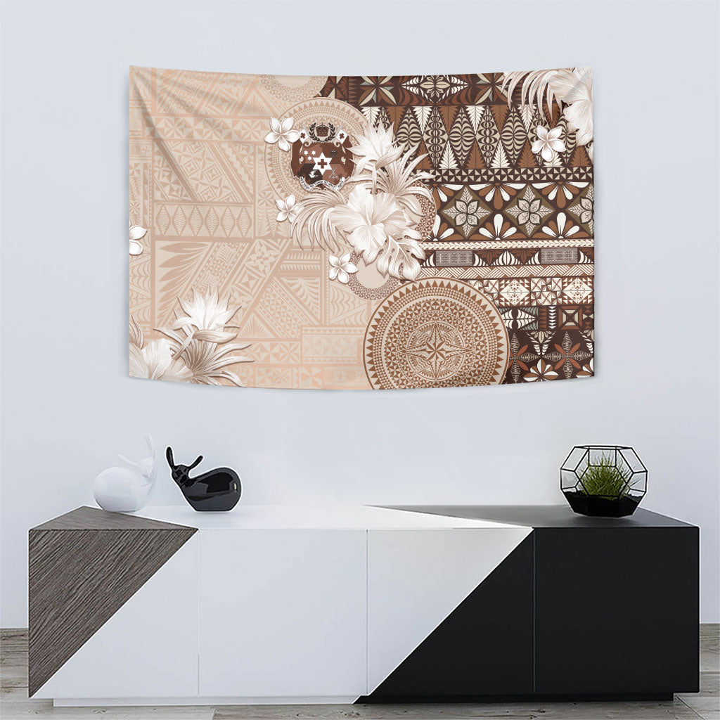 Tonga Ngatu Motifs Tapestry With Coat Of Arms Beige