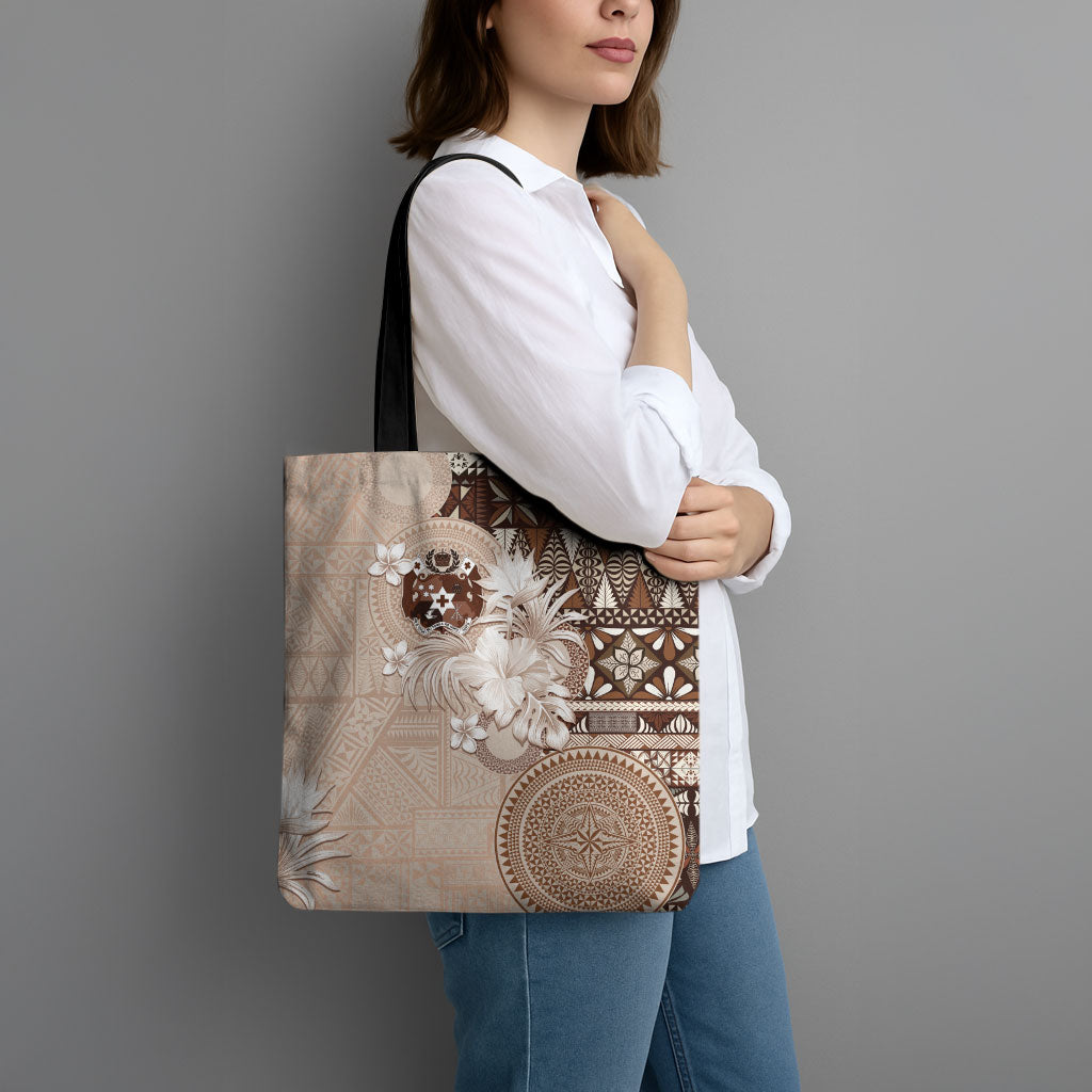 Tonga Ngatu Motifs Tote Bag With Coat Of Arms Beige