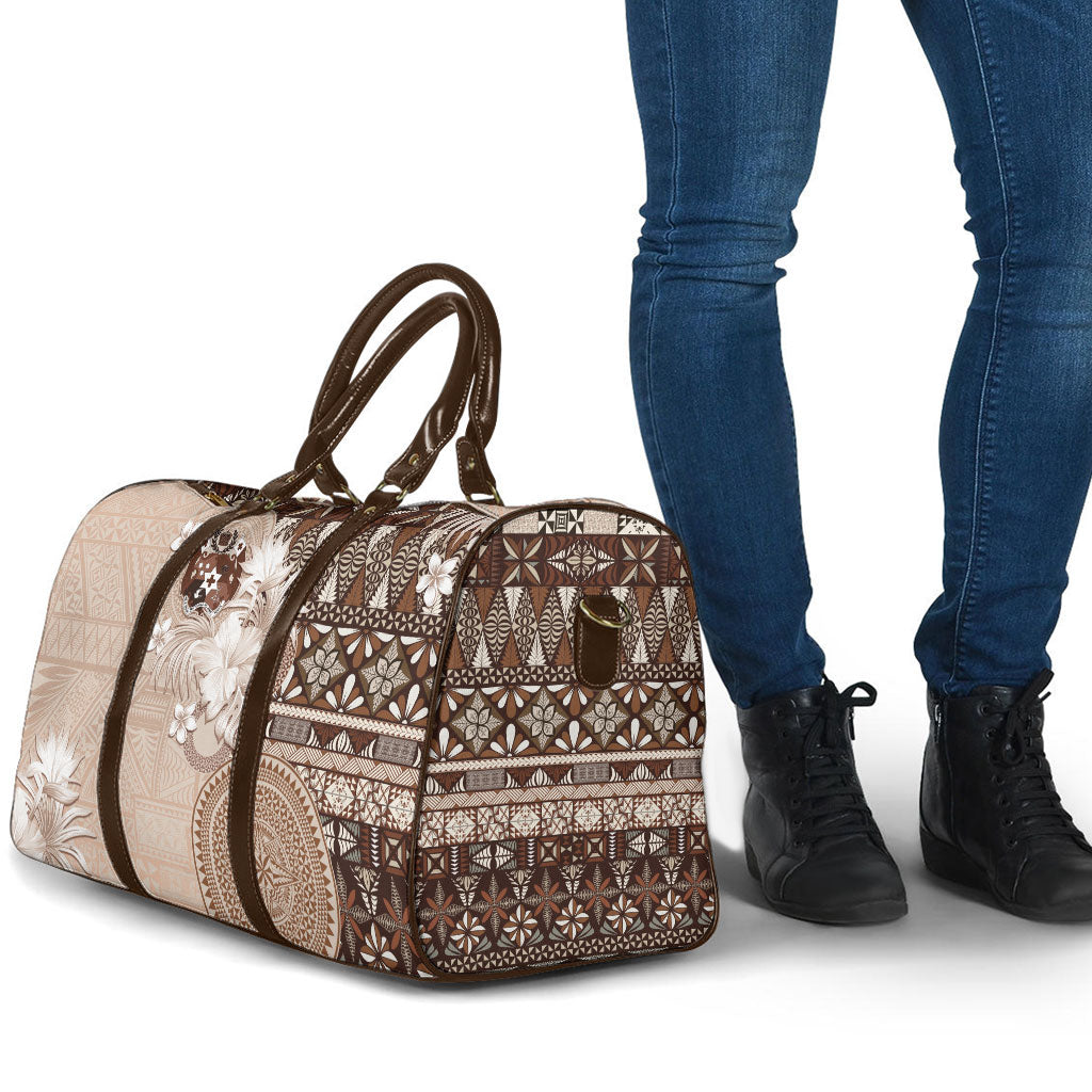 Tonga Ngatu Motifs Travel Bag With Coat Of Arms Beige