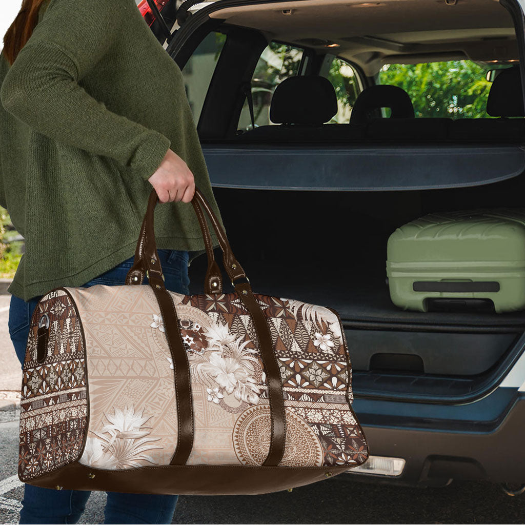 Tonga Ngatu Motifs Travel Bag With Coat Of Arms Beige
