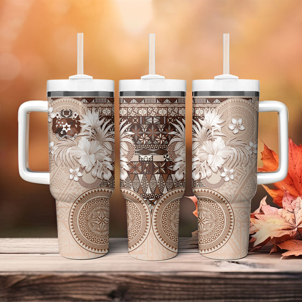 Tonga Ngatu Motifs Tumbler With Handle With Coat Of Arms Beige