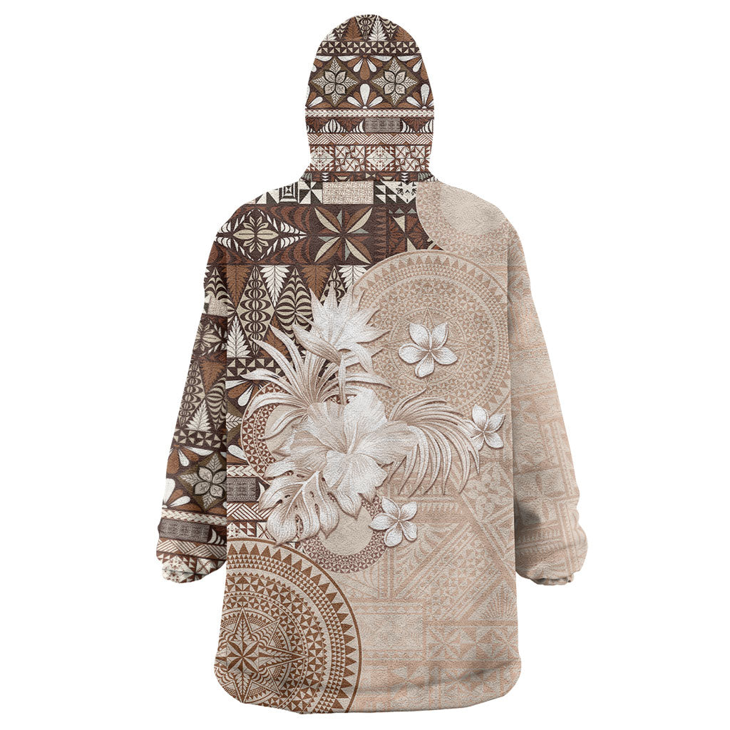 Tonga Ngatu Motifs Wearable Blanket Hoodie With Coat Of Arms Beige