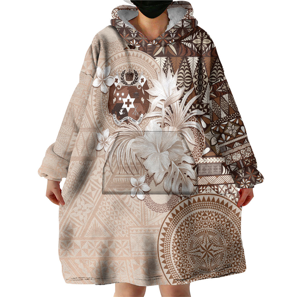 Tonga Ngatu Motifs Wearable Blanket Hoodie With Coat Of Arms Beige