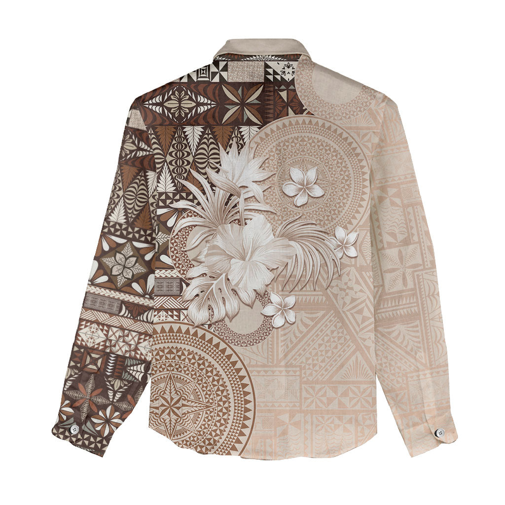 Tonga Ngatu Motifs Women Casual Shirt With Coat Of Arms Beige