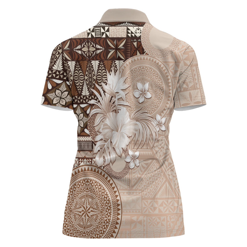 Tonga Ngatu Motifs Women Polo Shirt With Coat Of Arms Beige