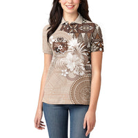Tonga Ngatu Motifs Women Polo Shirt With Coat Of Arms Beige