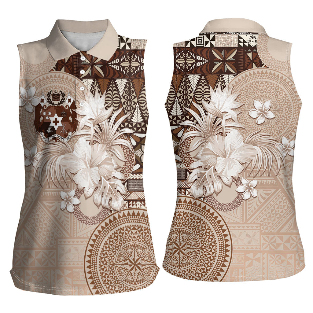 Tonga Ngatu Motifs Women Sleeveless Polo Shirt With Coat Of Arms Beige