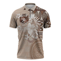 Tonga Ngatu Motifs Zipper Polo Shirt With Coat Of Arms Beige
