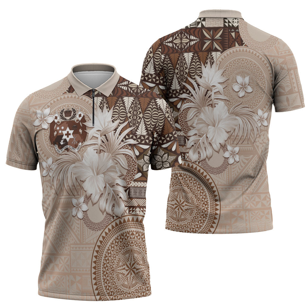 Tonga Ngatu Motifs Zipper Polo Shirt With Coat Of Arms Beige