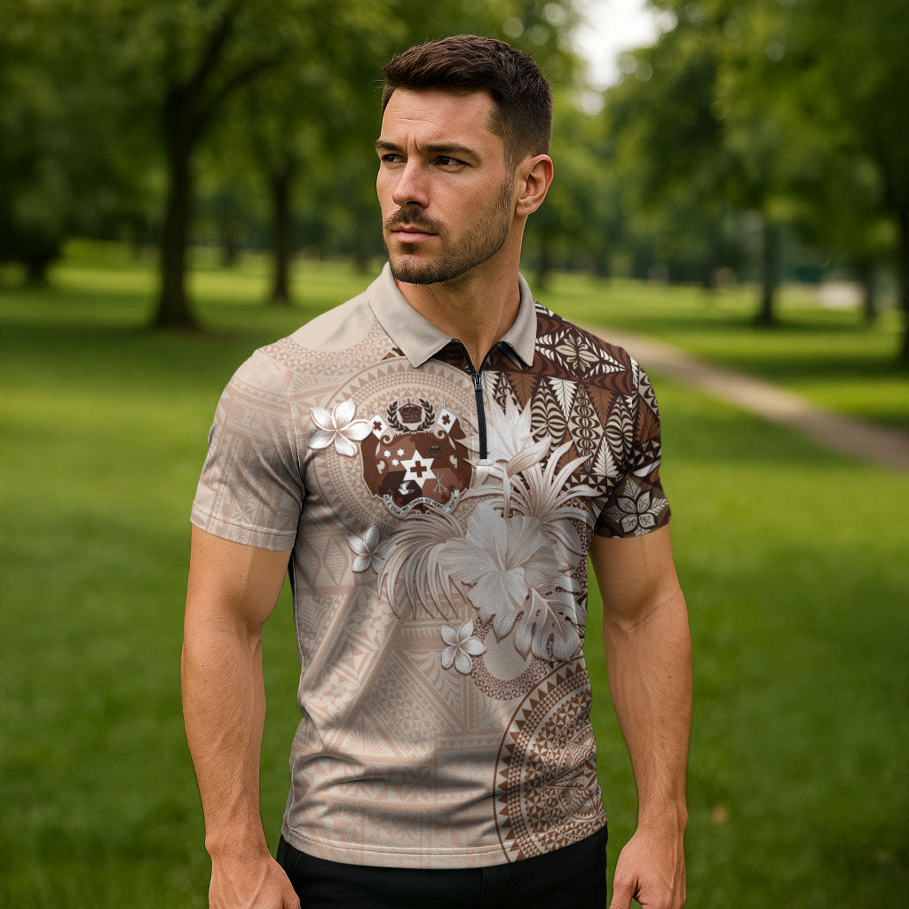 Tonga Ngatu Motifs Zipper Polo Shirt With Coat Of Arms Beige