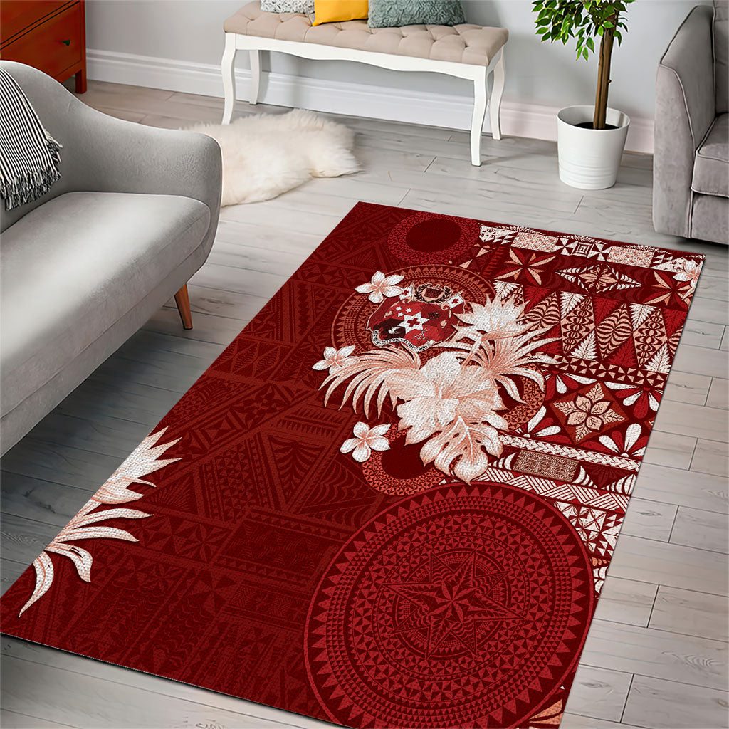 Tonga Ngatu Motifs Area Rug With Coat Of Arms Red