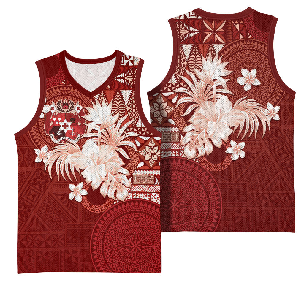 Tonga Ngatu Motifs Basketball Jersey With Coat Of Arms Red