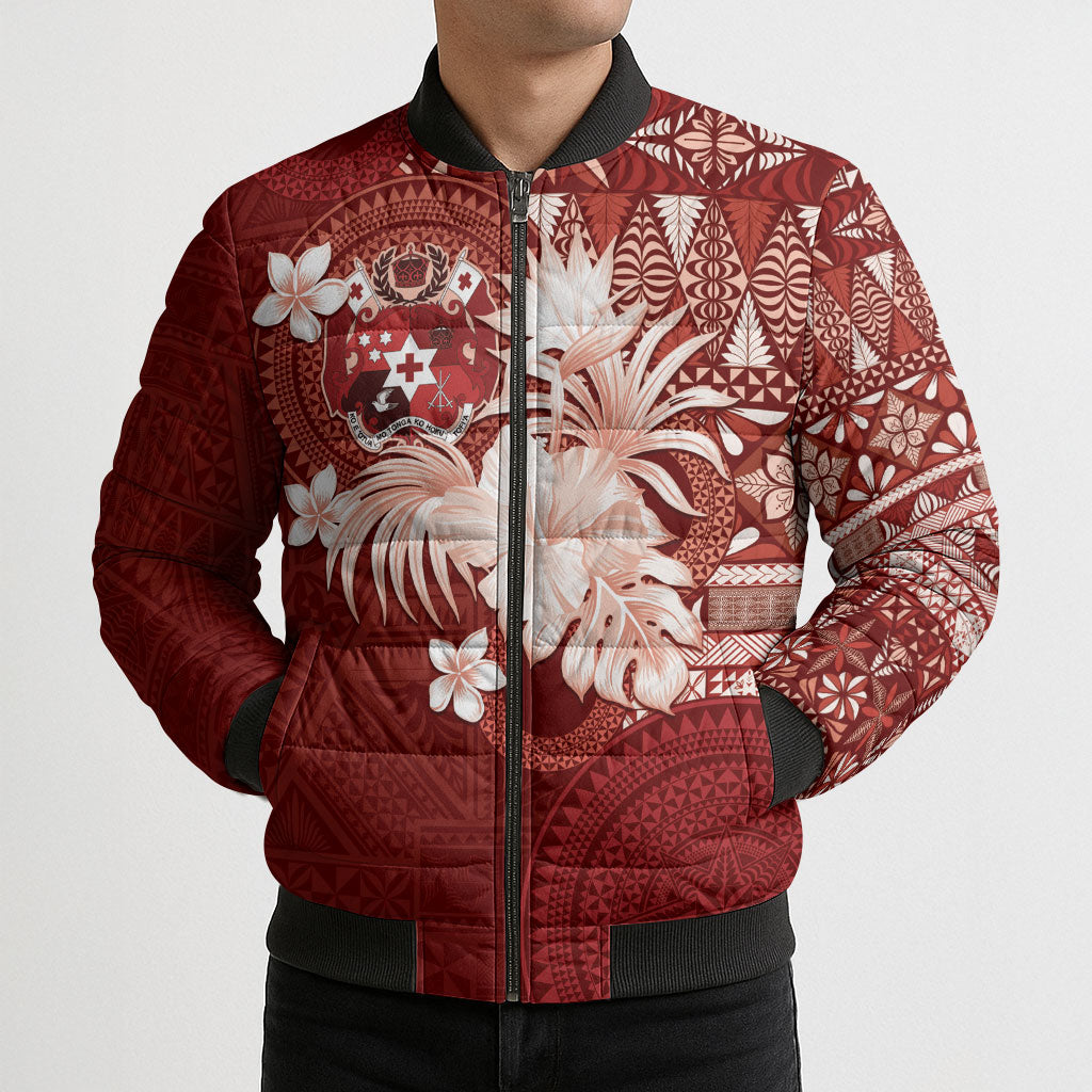 Tonga Ngatu Motifs Bomber Puffer Jacket With Coat Of Arms Red