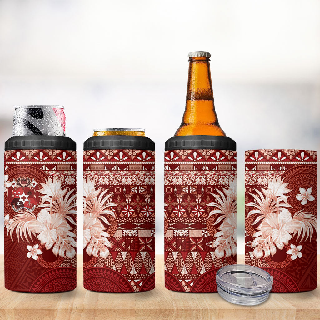 Tonga Ngatu Motifs 4 in 1 Can Cooler Tumbler With Coat Of Arms Red