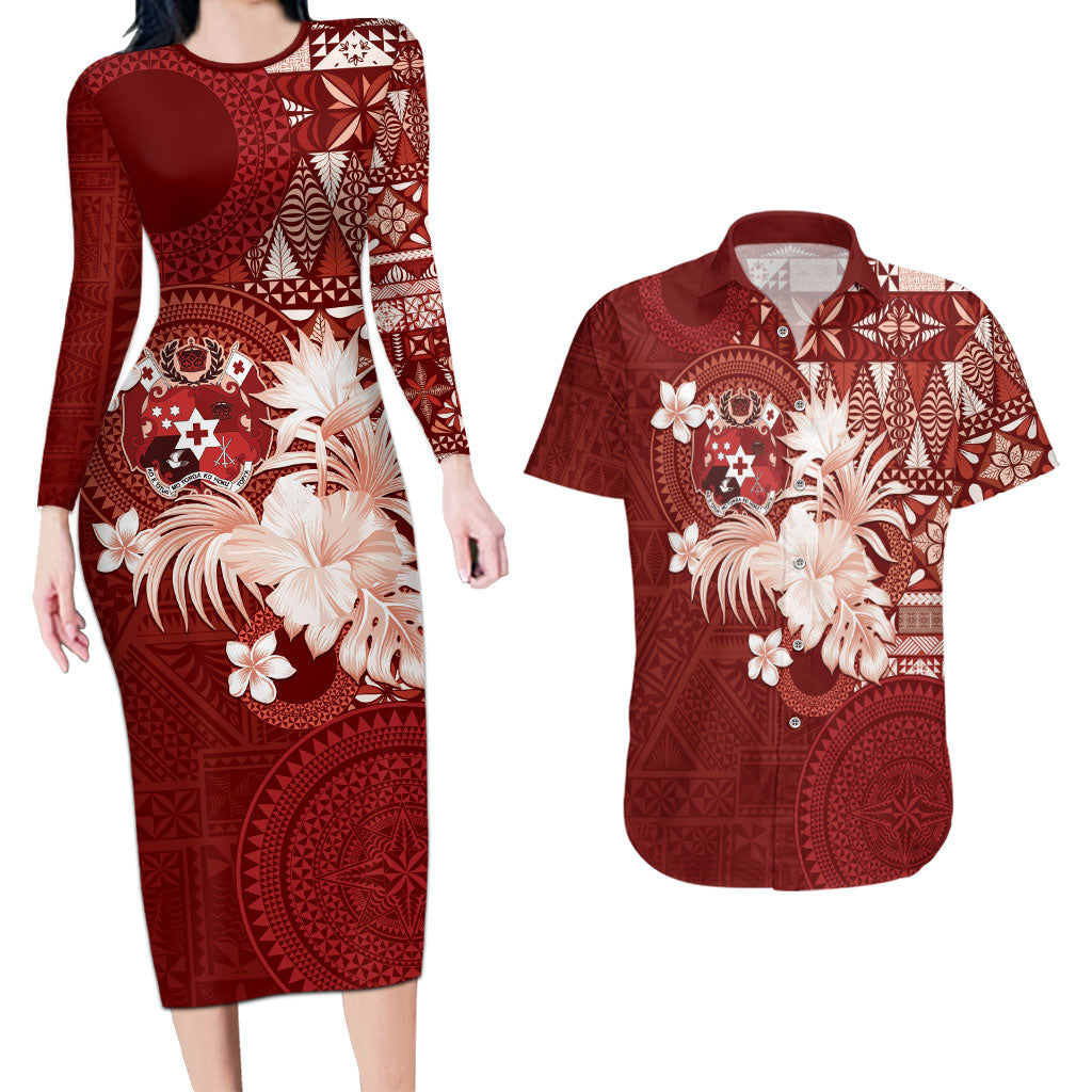 Tonga Ngatu Motifs Couples Matching Long Sleeve Bodycon Dress and Hawaiian Shirt With Coat Of Arms Red
