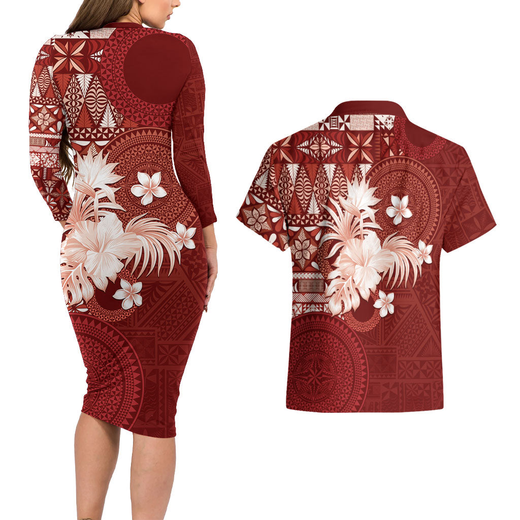 Tonga Ngatu Motifs Couples Matching Long Sleeve Bodycon Dress and Hawaiian Shirt With Coat Of Arms Red LT05 - Polynesian Pride