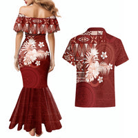 Tonga Ngatu Motifs Couples Matching Mermaid Dress and Hawaiian Shirt With Coat Of Arms Red LT05 - Polynesian Pride