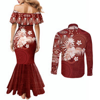 Tonga Ngatu Motifs Couples Matching Mermaid Dress and Long Sleeve Button Shirt With Coat Of Arms Red