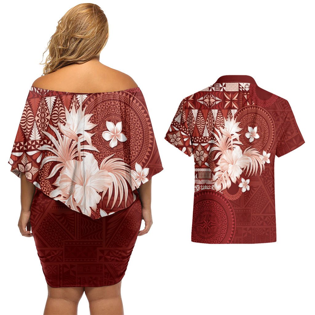 Tonga Ngatu Motifs Couples Matching Off Shoulder Short Dress and Hawaiian Shirt With Coat Of Arms Red