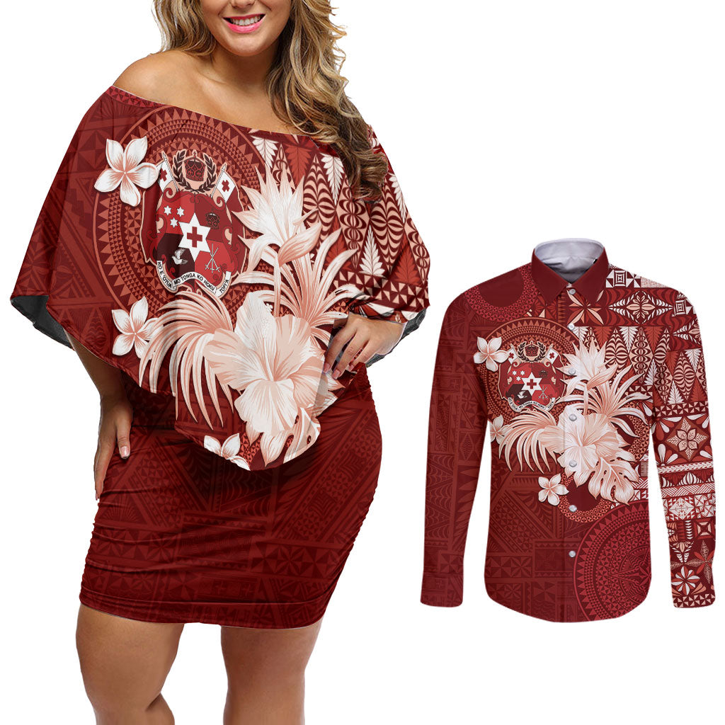 Tonga Ngatu Motifs Couples Matching Off Shoulder Short Dress and Long Sleeve Button Shirt With Coat Of Arms Red