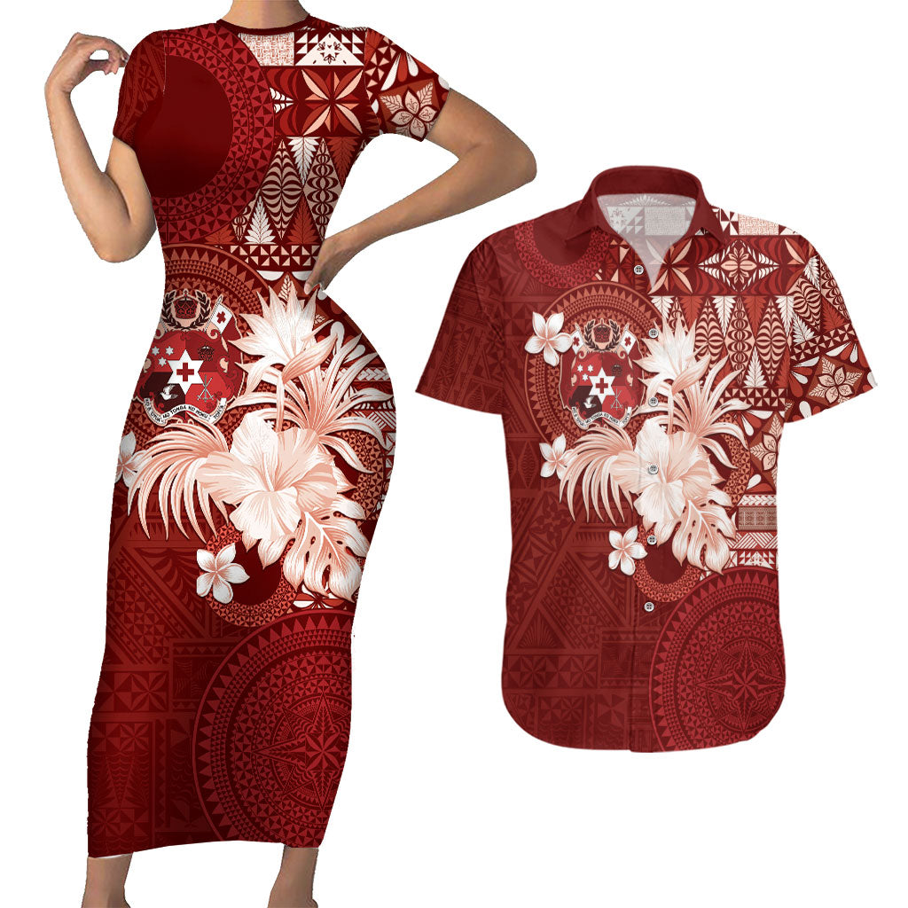 Tonga Ngatu Motifs Couples Matching Short Sleeve Bodycon Dress and Hawaiian Shirt With Coat Of Arms Red LT05 Red - Polynesian Pride